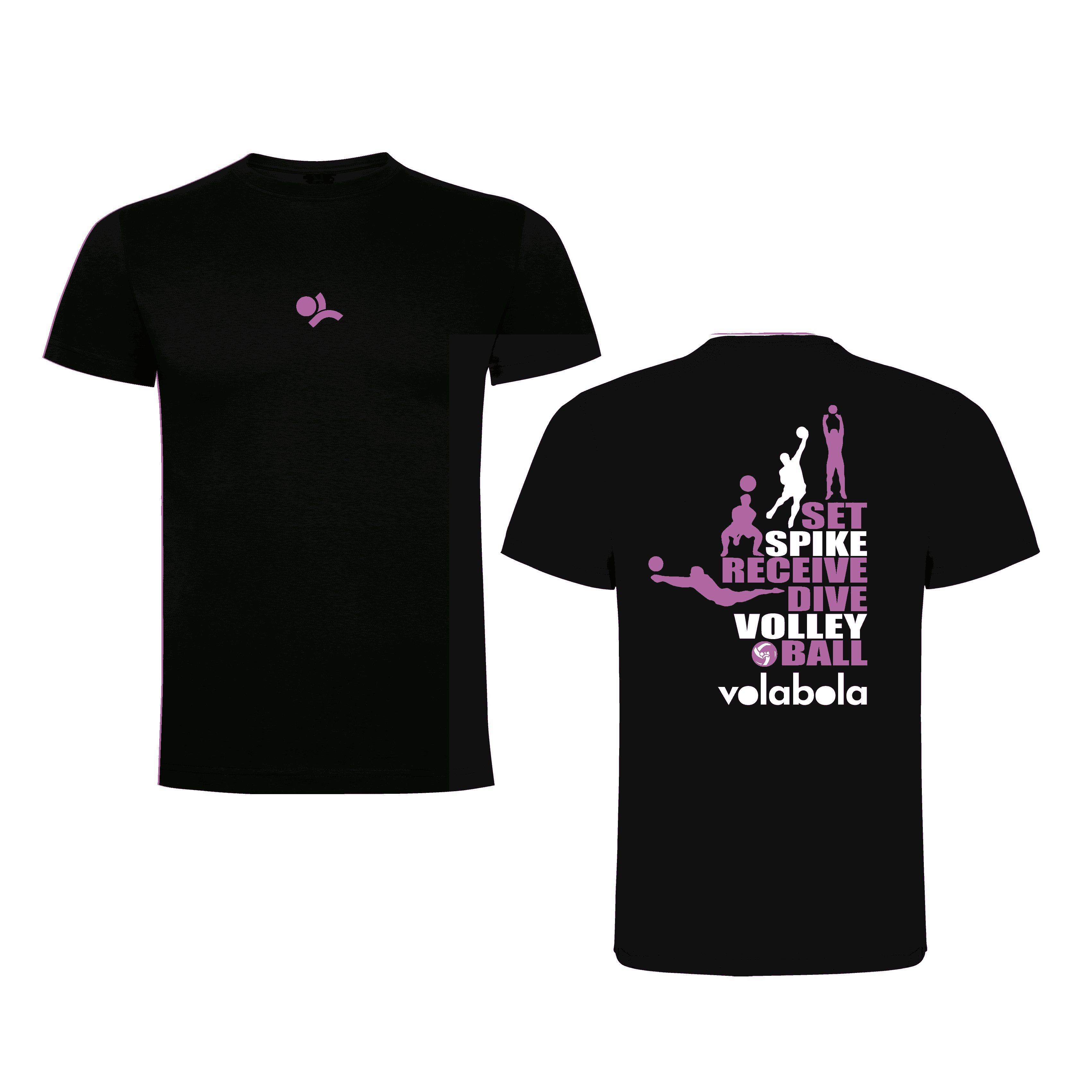 Camiseta negra de vóley con texto “Set, Spike, Receive, Dive, Volleyball” en lila y logo de Volabola