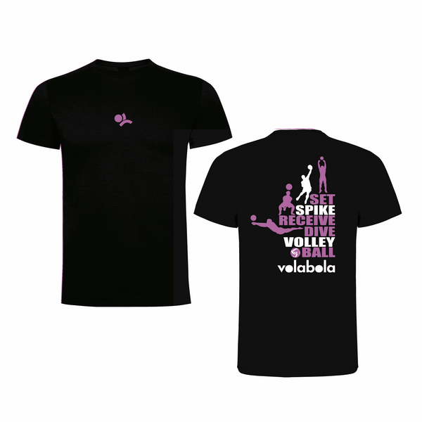 Camiseta negra de vóley con texto “Set, Spike, Receive, Dive, Volleyball” en lila y logo de Volabola
