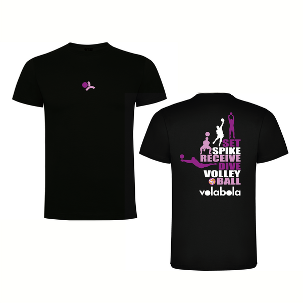 Camiseta negra de vóley con texto “Set, Spike, Receive, Dive, Volleyball” en lila y logo de Volabola